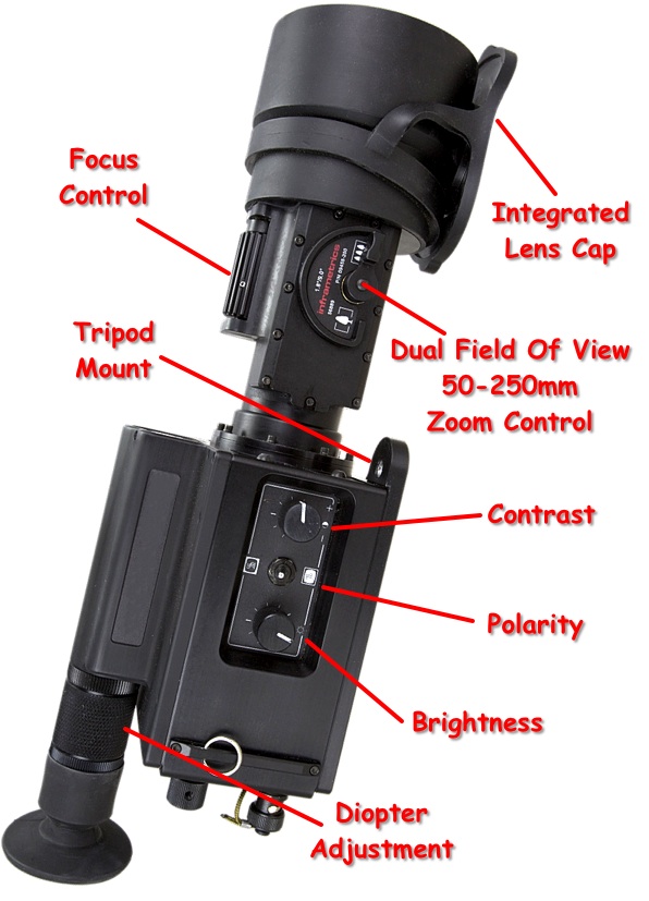 The MIlcam-xp has controls for dual field of view 50-250mm zoom lens focus brightness contrast polarity diopter adjustment and a tripod mounting hole