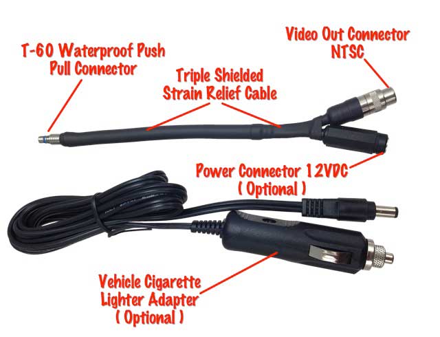 Video Output cable with optional external power port lets you record / view live thermal video from the scope to a standard NTSC device. Works great with the OPTIONAL SPI XDVR-XP weatherized DVR recorder. Optional external power port lets you power the FLIR T-60 scope from any standard 12VDC source.