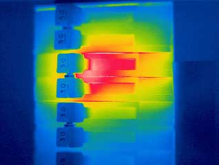 A thermal image of circuit breakers from the Prism DS Infrared Camera