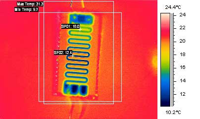 A thermal image of a circuit board from the Prism DS Infrared Camera