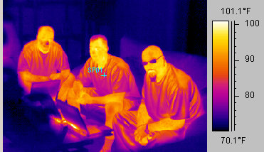 An infrared image of people sitting on a couch taken with thermal imagers