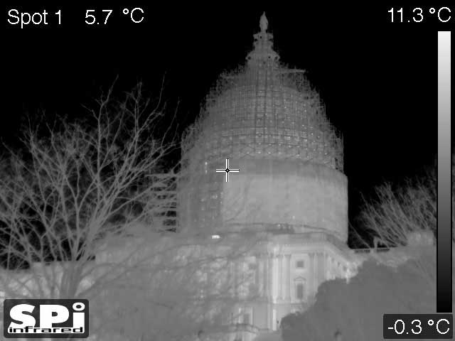 Infrared, white hot image of the Capitol building in Washington, DC