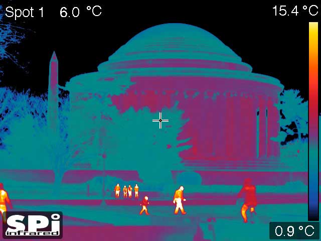 Color thermal FLIR surveillance image of people walking around at the Jefferson Memorial in Washington, DC