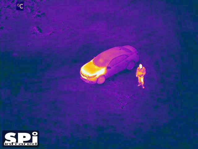 M1D unmanned UAV thermal FLIR image of a human & a vehicle.